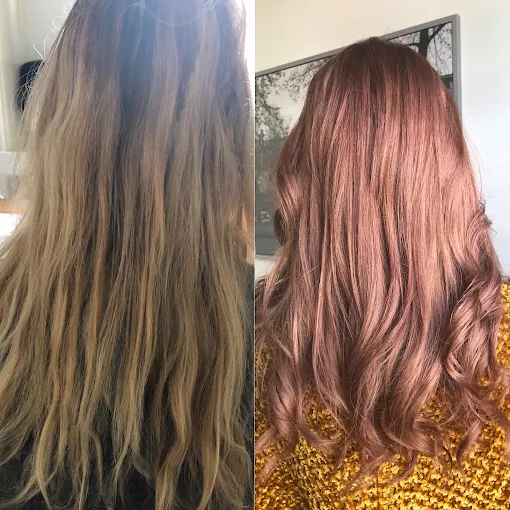Hair colour transformation with a warm rose finish