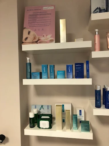 Curated professional care products displayed in the salon